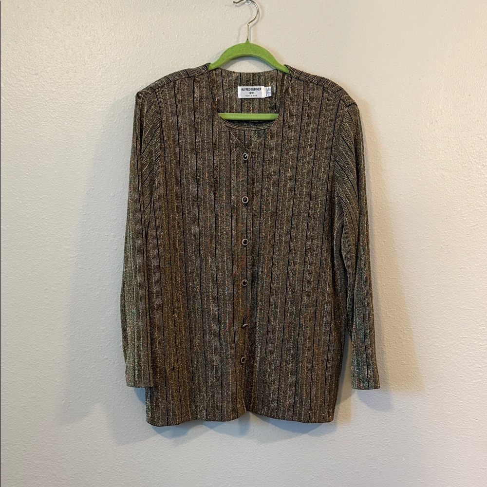 Vintage Alfred Dunner Top Womens 18W Black Gold Glitter Glitz Long Sleeve Button
